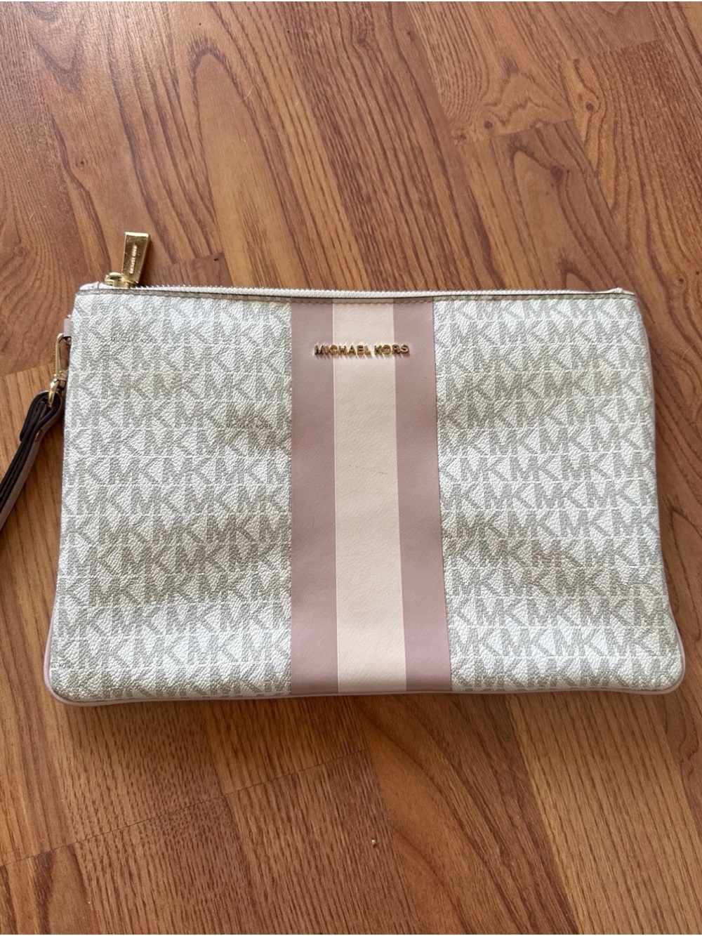Michael Kors Beige and Blush Stripe Signature Wristlet Clutch